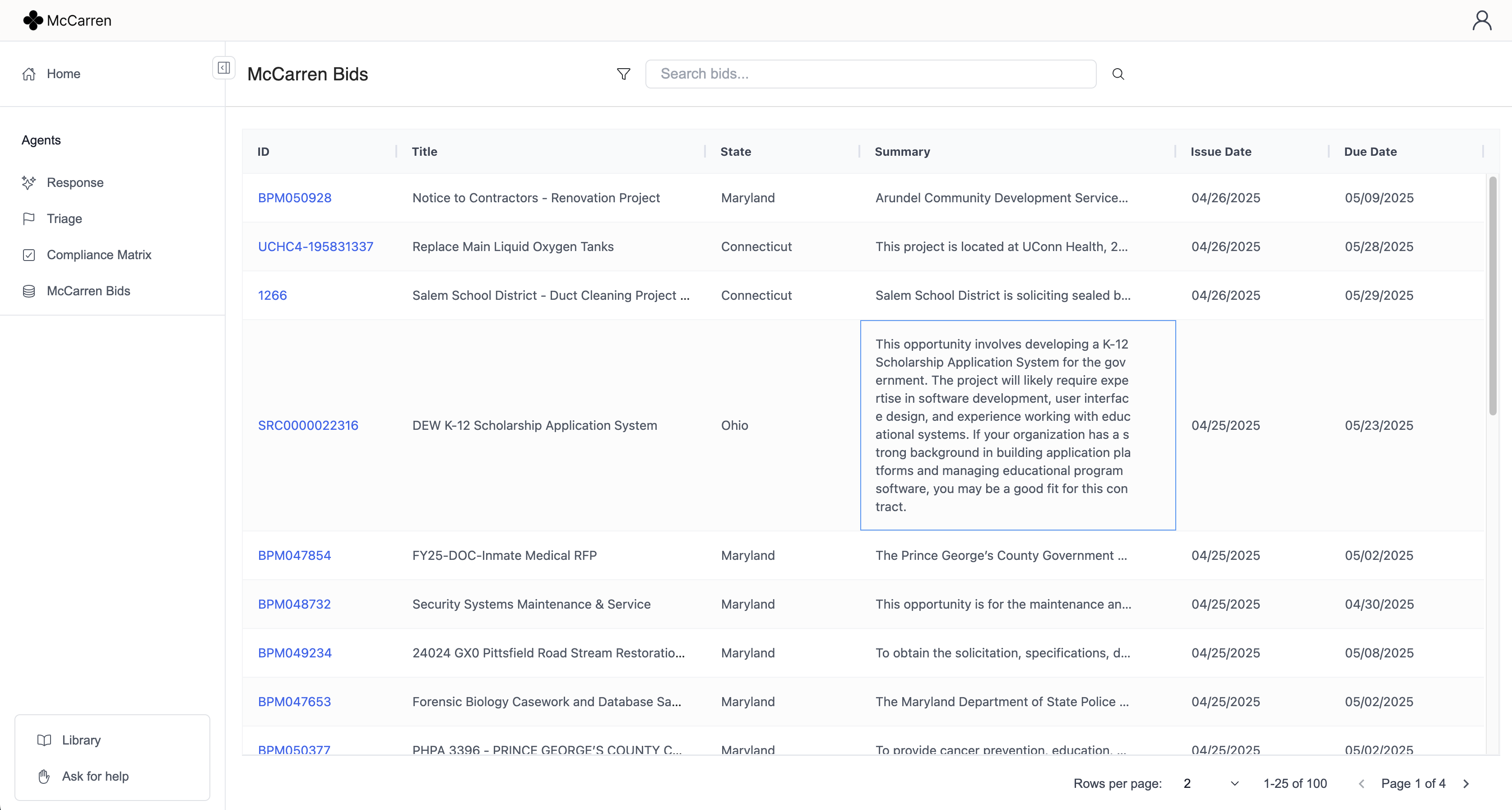 Bid Search Table
